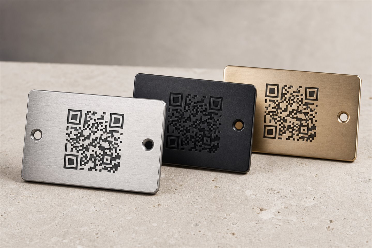Приклади металевих QR-табличок у різних кольорах
